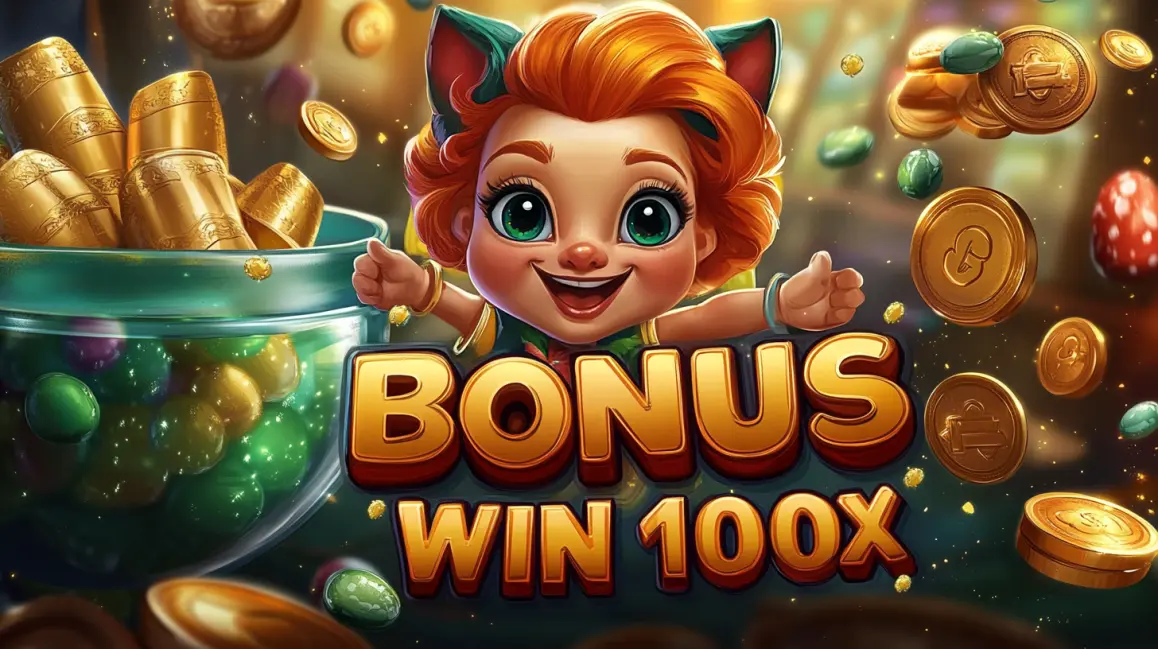 A bowl of coins and drinks with 'BONUS WIN 50X' text, alongside a cute cat character, highlights the massive win potential and fun bonuses at 7G777.