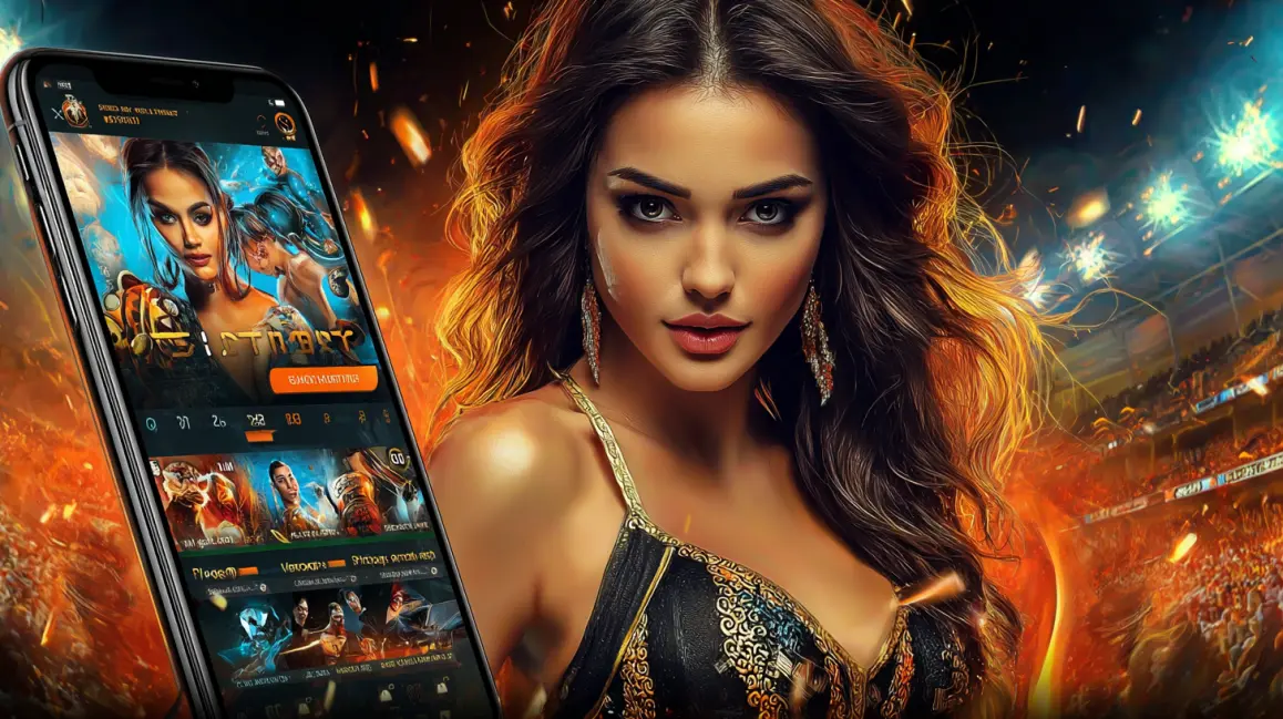 A stylish woman holds a phone with a fun slot game, with the word 'APP' in large letters, inviting you to download the 7G777 app for a vibrant gaming experience.